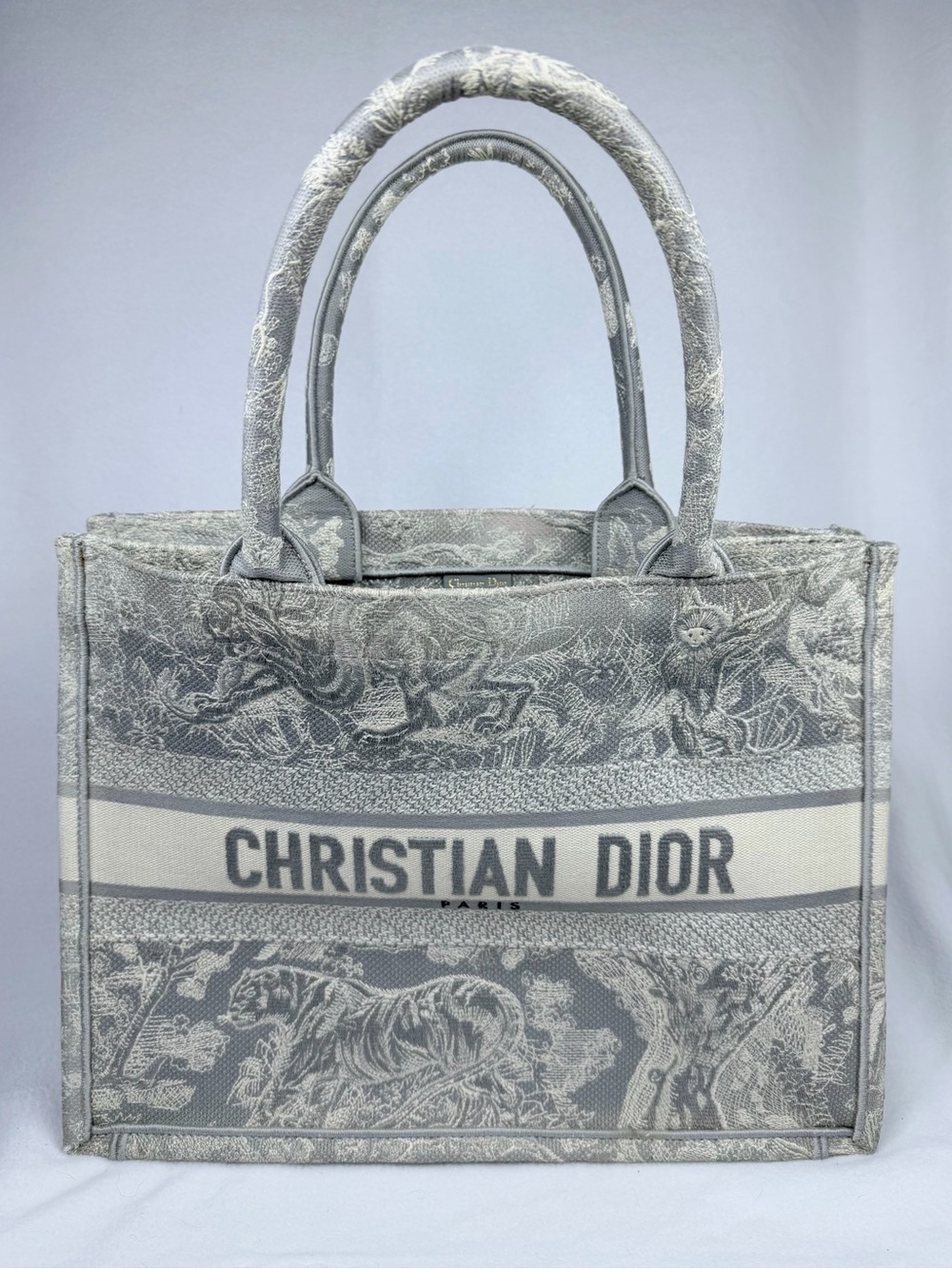 Christian Dior Medium Grey Mizza Embroidered Toile de Jouy Book Tote Bag - Picture 2 of 11